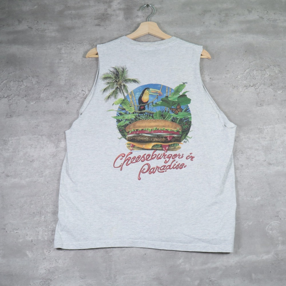 80s Caribbean Soul Cheeseburger in Paradise Boxy Grey Graphic Tank Mens XL - Picture 2 of 9